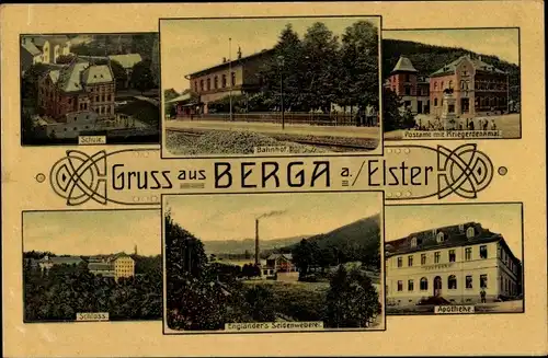 Ak Berga a.d. Elster, Schule, Bahnhof, Post, Kriegerdenkmal, Schloss, Apotheke, Engländers Weberei