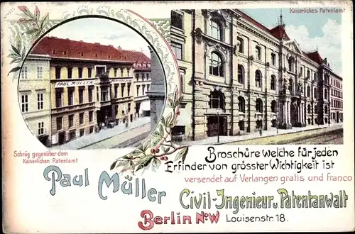 Litho Berlin, Kaiserliches Patentamt, Civil Ingenieur und Patentanwalt Paul Müller, Luisenstraße 18