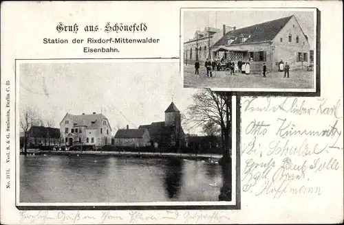 Ak Schönefeld bei Berlin, Station der Rixdorf Mittenwalder Eisenbahn, Kirche, Gasthaus