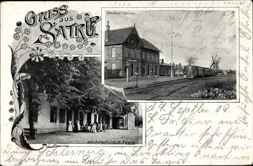 Ak Satrup in Angeln, Bahnhof Gleisseite, Windmühle, Bahnhofshotel Pagels
