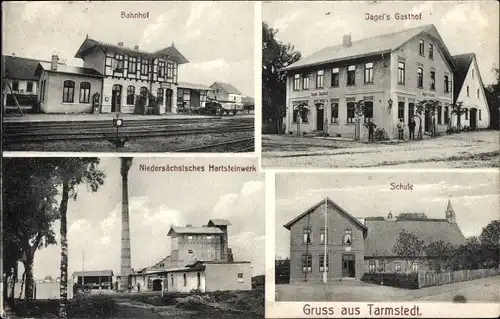 Ak Tarmstedt in Niedersachsen, Bahnhof, Jagels Gasthof, Niedersächsisches Hartsteinwerk