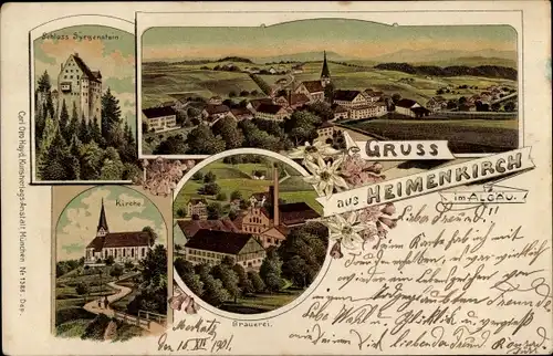 Litho Heimenkirch im Allgäu, Kirche, Brauerei, Schloss Syrgenstein, Panorama