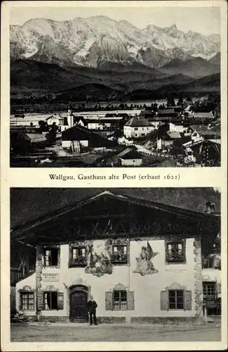 Ak Wallgau Oberbayern, Totalansicht vom Ort, Gasthaus alte Post