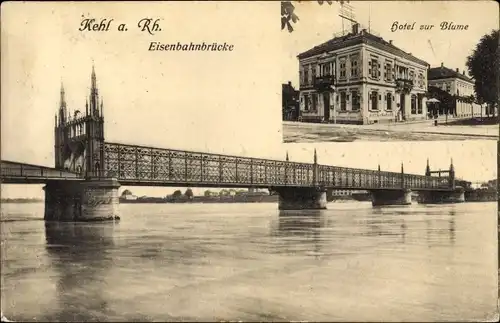Ak Kehl am Rhein Ortenaukreis Baden Württemberg, Eisenbahnbrücke, Hotel zur Blume
