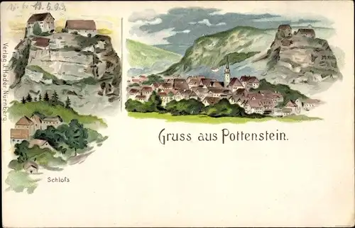 Litho Pottenstein im Kreis Bayreuth Oberfranken, Gesamtansicht und Blick auf das Schloss