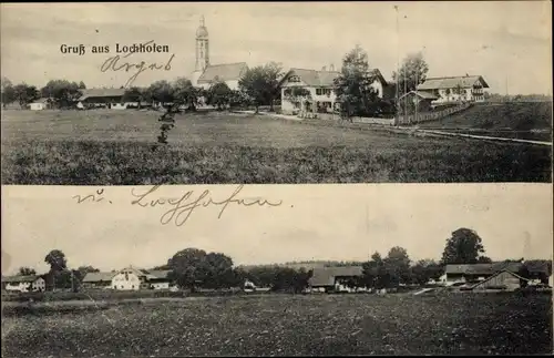 Ak Lochhofen Sauerlach in Oberbayern, Teilansicht des Ortes, Kirche, Bauernhäuser