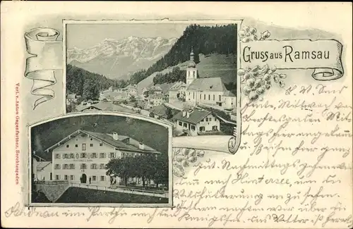 Ak Ramsau im Berchtesgadener Land Oberbayern, Ortsansicht, Kirche, Gasthaus