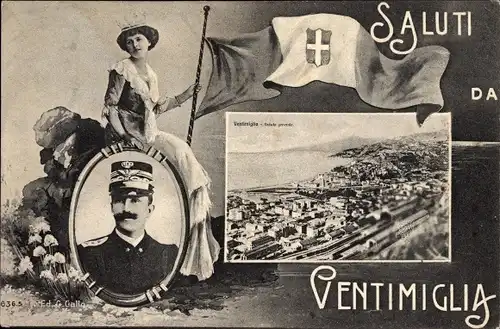 Passepartout Ak Ventimiglia Liguria, Veduta generale, Totalansicht, Vittorio Emanuele III.