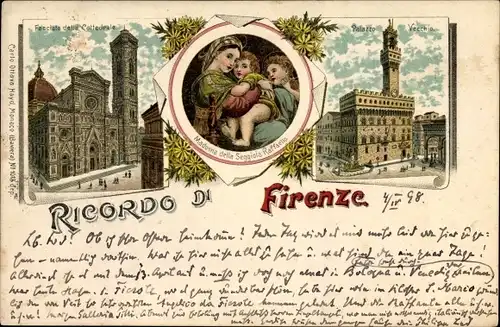 Litho Firenze Florenz Toscana, Facciata della Cattedrale, Palazzo Vecchio, Madonna della Seggiola
