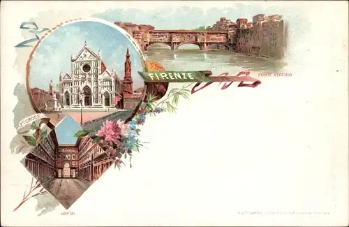 Litho Firenze Florenz Toscana, Uffizi, Ponte Vecchio, Kirche