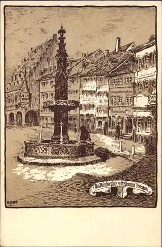 Künstler Litho Freiburg im Breisgau Baden Württemberg, Partie am Münsterplatz, Hauskunst Marie Lang