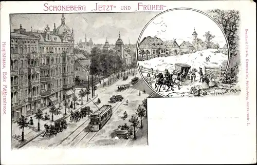 Litho Berlin Schöneberg, Straßenpartie, Straßenbahn, jetzt und früher