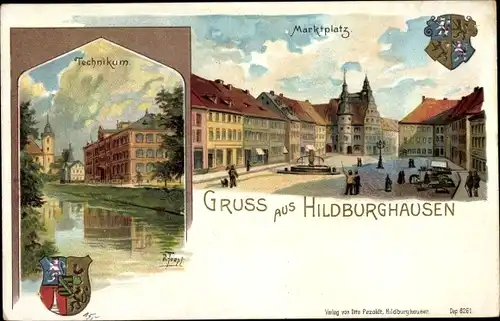 Künstler Ak Hildburghausen in Thüringen, Technikum, Marktplatz, Wappen