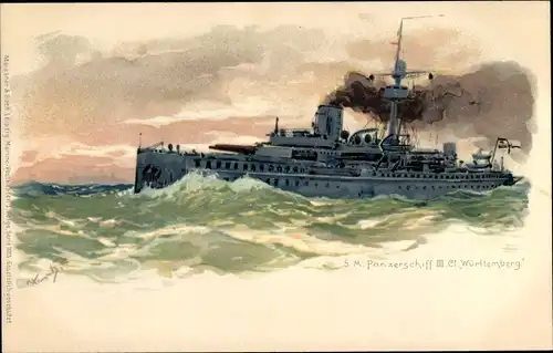 Künstler Litho S. M. Panzerschiff III. Württemberg