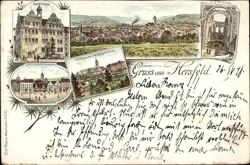 Litho Bad Hersfeld Hessen, Rathaus, Gesamtansicht, Stiftsruine