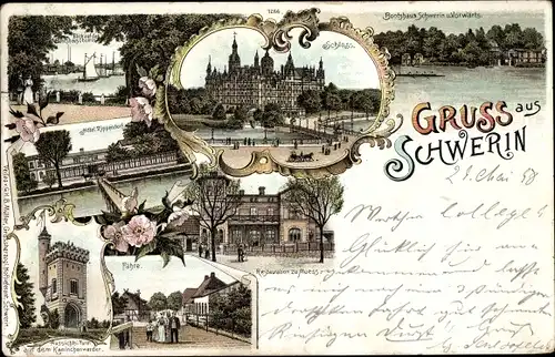 Litho Schwerin in Mecklenburg, Großherzogliches Schloss, Seeseite, Bootshaus, Aussichtsturm, Fähre