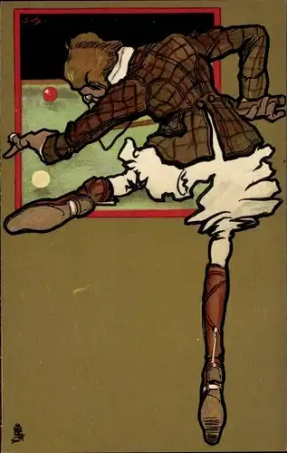 Künstler Ak Dame spielt Billard