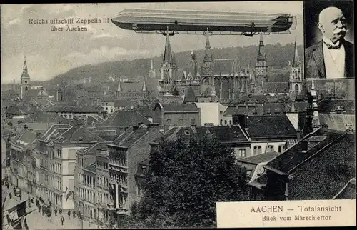 Ak Aachen in Nordrhein Westfalen, Reichsluftschiff Zeppelin III über der Stadt