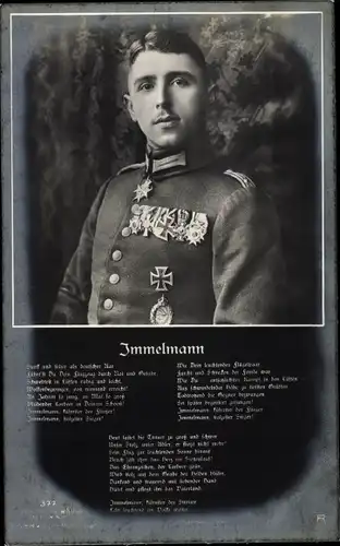 Gedicht Ak Jagdflieger Oberleutnant Max Immelmann, Portrait, Sanke 377