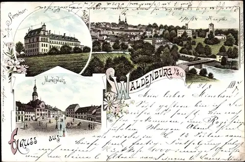 Litho Waldenburg in Sachsen, Marktplatz, Seminar, Totalansicht