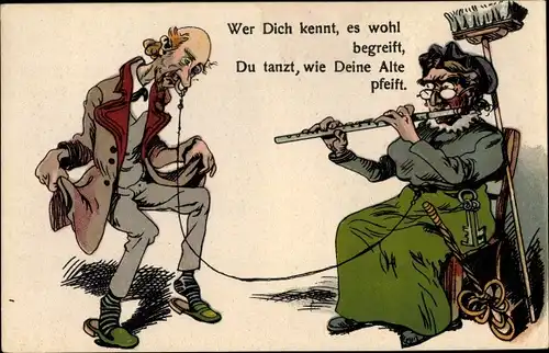 Litho Ehemann tanzt nach der Pfeife seiner Frau, Leine an Nasenring