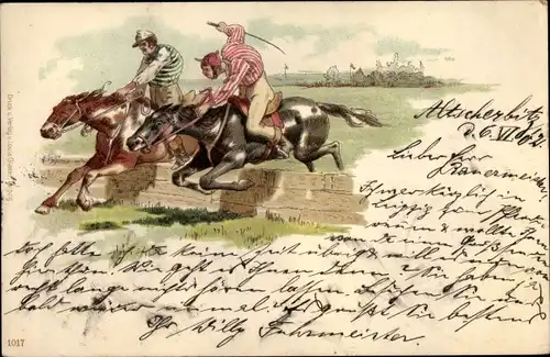 Litho Zwei Jockeys springen über ein Hindernis, Pferderennen