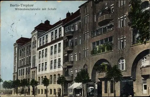 Ak Berlin Treptow, Wildenbruchstraße mit Schule