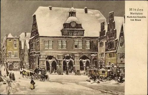 Künstler Ak Braun, Minden in Westfalen, Marktplatz im Winter