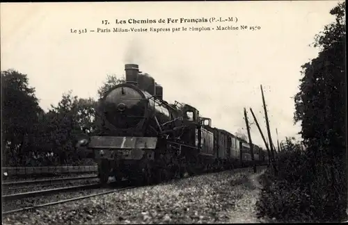 Ak Französische Eisenbahn, PLM, Paris Milan Venise Express, Simplon Machine No. 2570, Dampflok