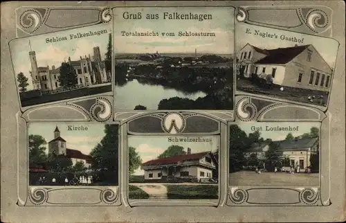 Ak Falkenhagen in der Mark, Schloss, Gasthof, Kirche, Schweizerhaus, Gut Louisenhof