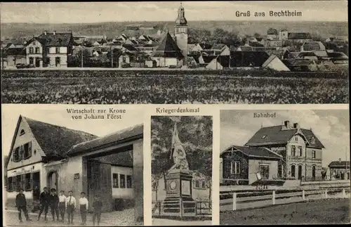 Ak Bechtheim in Rheinland Pfalz, Bahnhof, Wirtschaft zur Krone, Kriegerdenkmal, Totalansicht