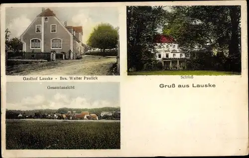 Ak Lauske Weißenberg in der Oberlausitz, Schloss, Gasthof Walter Paulick, Gesamtansicht