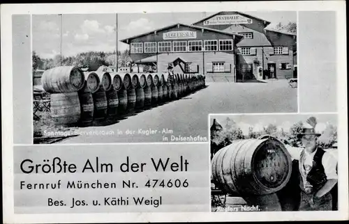 Ak Deisenhofen Oberhaching Oberbayern, Größte Alm der Welt, Kugler Alm, Bierfässer