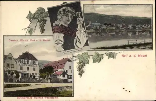 Ak Reil an der Mosel, Gasthof Münick, Frau mit Weinglas