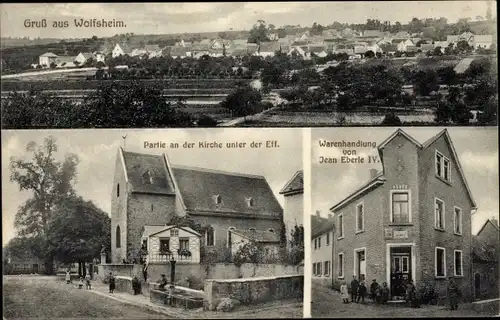 Ak Wolfsheim in Rheinhessen, Geschäft, Kirche, Totalansicht