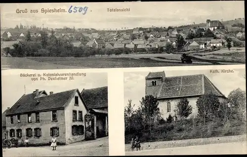 Ak Spiesheim Rheinland Pfalz, Katholische Kirche, Kolonialwarenhandlung, Totalansicht