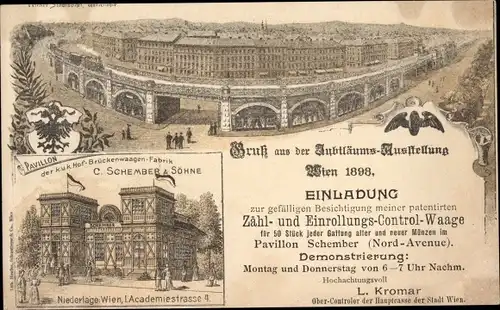 Litho Wien, Jubiläums-Ausstellung 1898, Einladung, KuK Brückenwagen Fabrik C. Schember