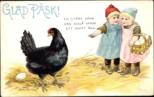 Künstler Ak Nyström, J., Glückwunsch Ostern, Kinder, Henne, Eier