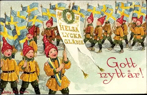 Künstler Ak Nyström, J., Glückwunsch Neujahr, Kinder, Schwedische Fahnen
