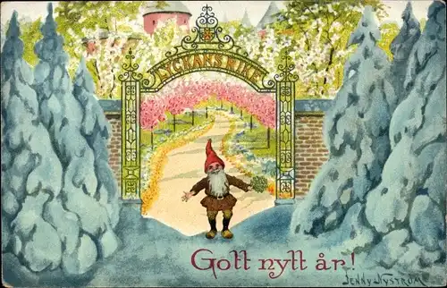 Künstler Ak Nyström, J., Glückwunsch Neujahr, Zwerg, Glücksklee, Winterszene, Tannenbäume
