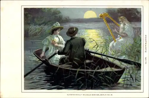Mondschein Litho Liebespaar im Ruderboot, Wassergott mit Harfe