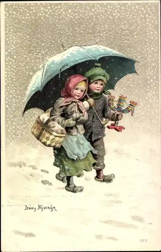 Künstler Ak Nyström, J., Kinder unter einem Schirm, Schnee, Korb, Kerzenständer