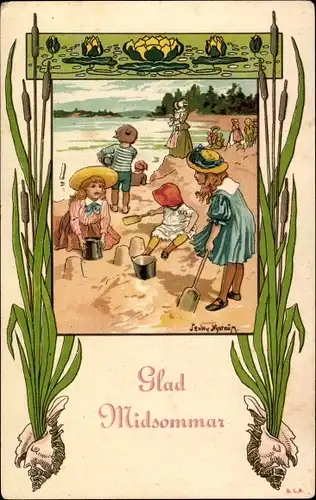 Künstler Litho Nyström, J., Glückwunsch, Kinder am Strand, Sandburg, Schaufel