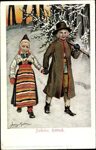 Künstler Litho Nyström, J.,Dalarne Dalarna Schweden, Kinder, Schwedische Volkstrachten, Tannenbaum