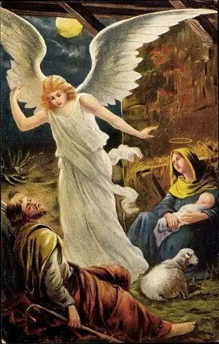 Mondschein Künstler Ak Nyström, J., Engel besucht Familie von Josef, Maria, Jesuskind, Schaf