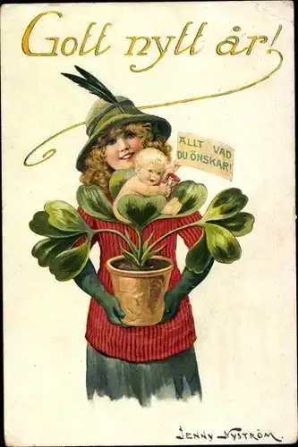 Künstler Ak Nyström, J., Glückwunsch Neujahr, Mädchen, Glücksklee im Blumentopf, Baby