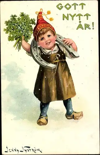 Künstler Ak Nyström, J., Glückwunsch Neujahr, Kind, Hufeisen, Glücksklee