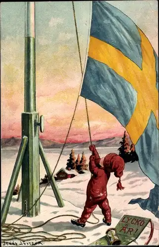 Künstler Ak Nyström, J., Glückwunsch Neujahr, Kind, Schwedische Fahne