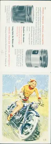 Klapp Ak Frau auf einem Motorrad, Reklame, Veedol Zweitaktöl, Hamburg-Amerikanische Mineralöl GmbH