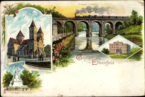 Litho Elberfeld Wuppertal, Viadukt,Marienkirche,Denkmal